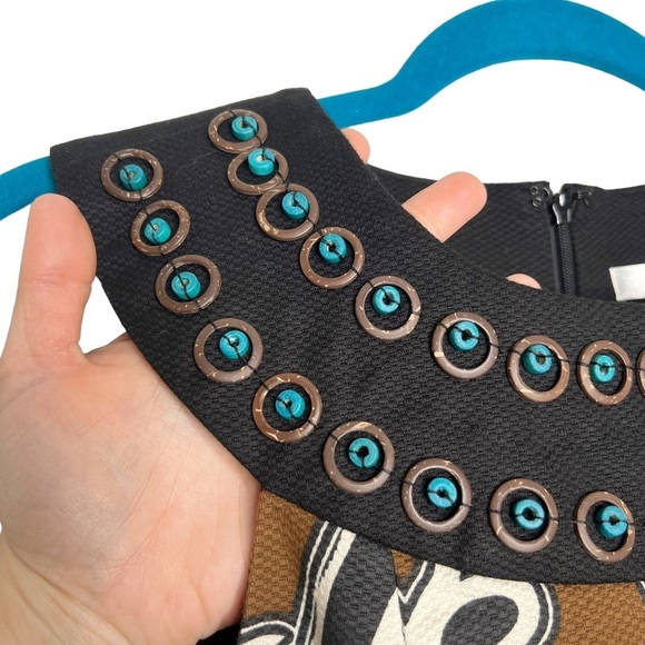 NWT WD.NY Brown Black Leaf Scroll Print Embellished Neckline Sheath Dress - Picture 5 of 15